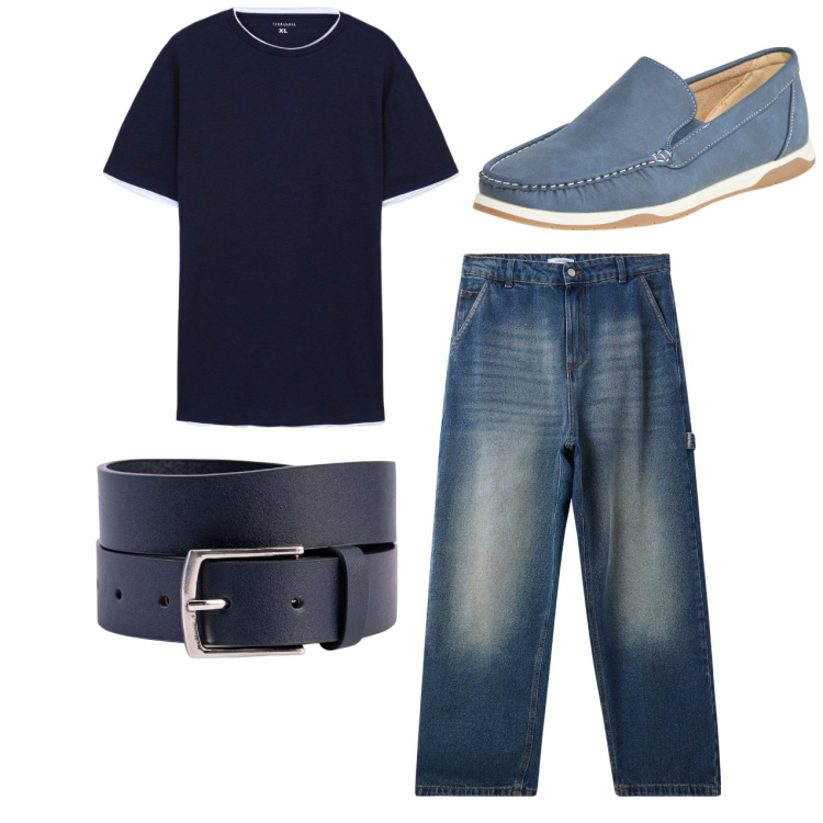 Outfit uomo - Total look. Stile Casual per Tutti i giorni. Abbinamento con scarpe stringate, jeans, t-shirt, cinture.