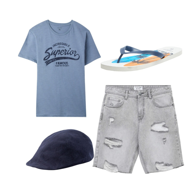 Outfit uomo - Total look. Stile Casual per Tutti i giorni. Abbinamento con sandali, t-shirt, pantaloni corti, cappelli con visiera.