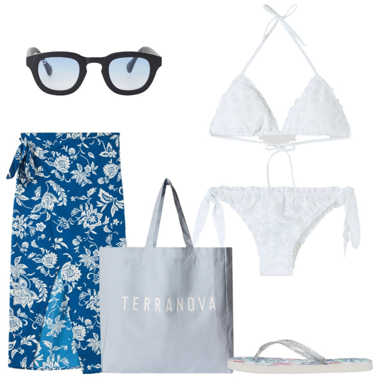 Outfit donna - In spiaggia. Stile Romantica per Mare. Abbinamento con vestiti da spiaggia, bikini, bikini, infradito, borse tote, occhiali da sole.
