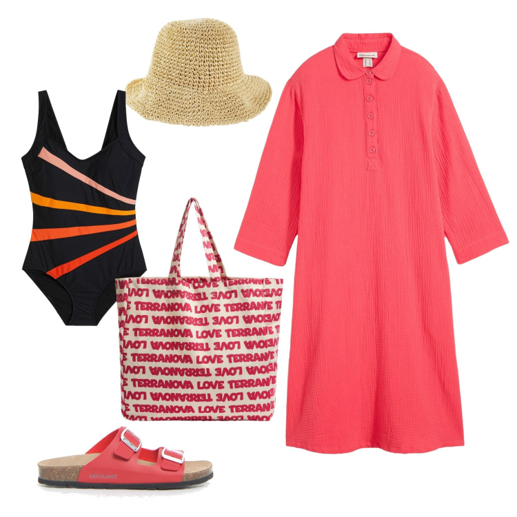 Outfit donna - Rosa corallo al mare. Stile Casual chic per Mare. Abbinamento con costumi interi, cappelli, vestiti chemisier, borse tote, ciabatte.