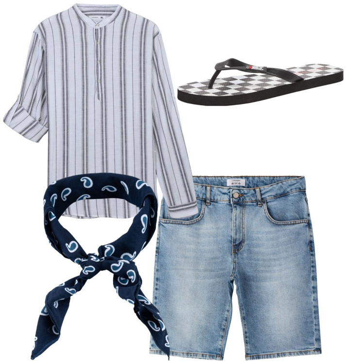 Outfit uomo - City. Stile Casual per Tutti i giorni. Abbinamento con sandali, camicie, bermuda, sciarpe e foulard.