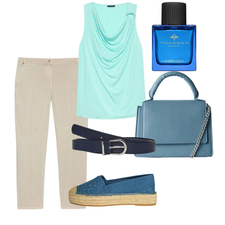 Outfit donna - Agosto. Stile Bon Ton per Tutti i giorni. Abbinamento con profumi, espadrillas, borse a tracolla, cinture, pantaloni chino, top.