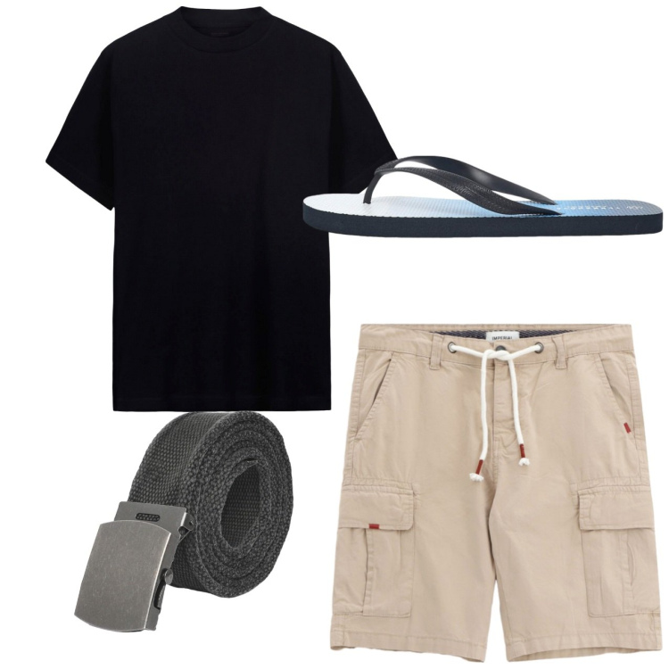Outfit uomo - City. Stile Casual per Tutti i giorni. Abbinamento con sandali, cinture, bermuda, t-shirt.