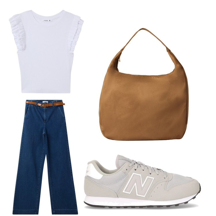 Outfit donna - Aperitivo. Stile Trendy per Tutti i giorni. Abbinamento con borse a mano, t-shirt, jeans, sneakers.