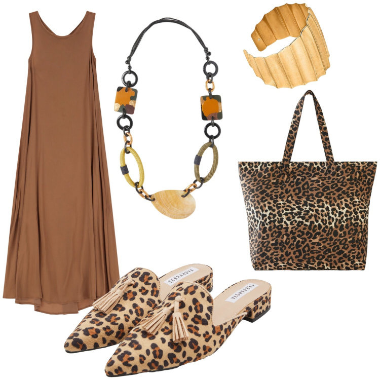 Outfit donna - Leopard stile. Stile Boho per Ufficio. Abbinamento con shopping bag, sabot, vestiti lunghi, collane, braccialetti.