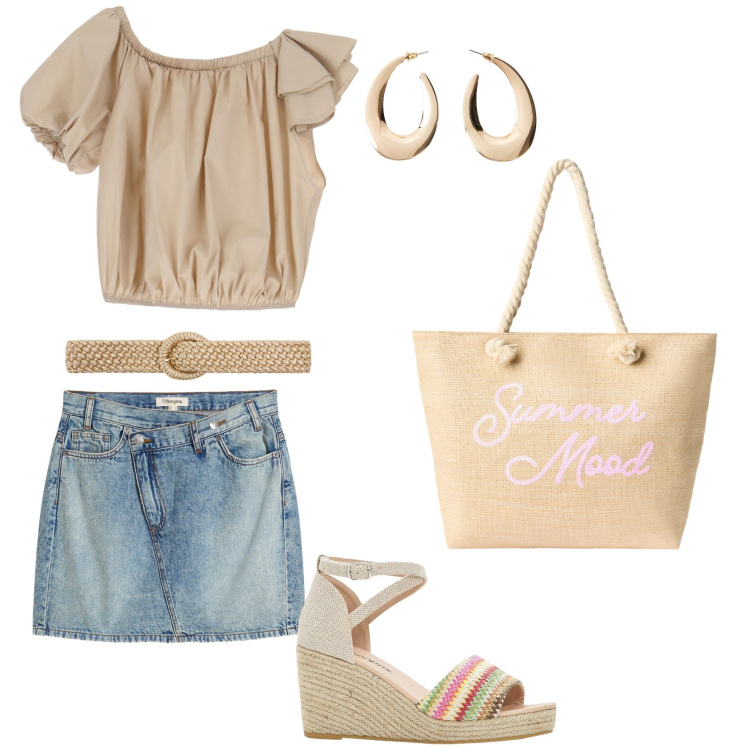 Outfit donna - Sportiva con classe. Stile Glamour per Tutti i giorni. Abbinamento con orecchini, gonne, sandali, cinture, borse tote, top.