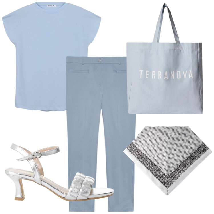 Outfit donna - Celeste. Stile Casual per Tutti i giorni. Abbinamento con t-shirt, borse tote, sandali col tacco, pantaloni chino, foulard.