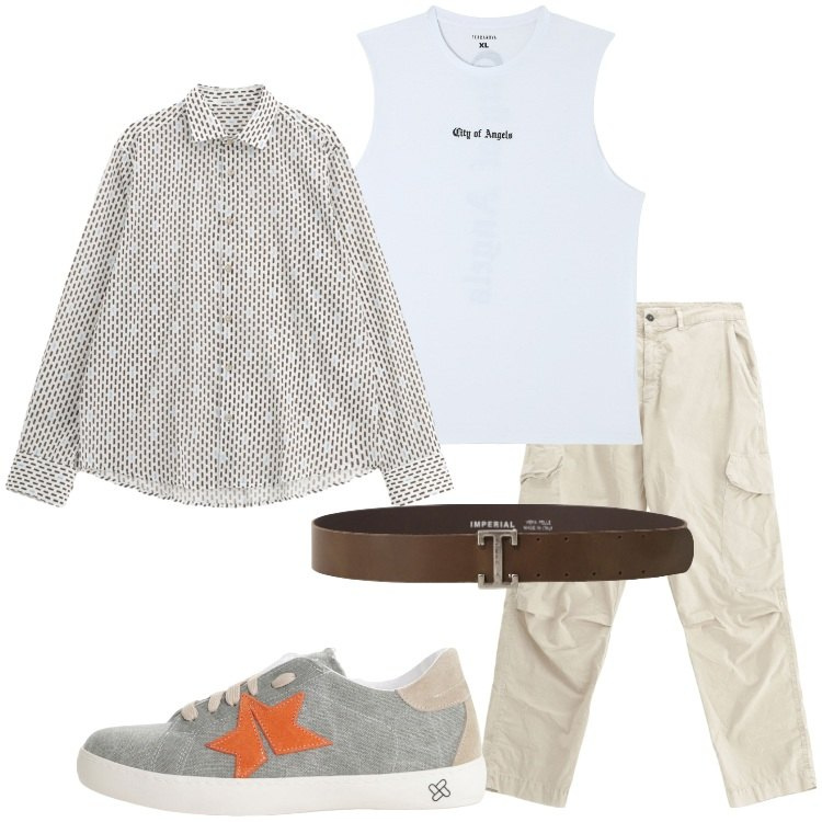 Outfit uomo - Canotte con stile. Stile Urban per Tutti i giorni. Abbinamento con canottiere, cinture, pantaloni cargo, sneakers, camicie.