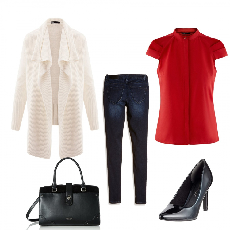 Outfit donna - Poca spesa ... tanta resa!. Stile Urban per Tutti i giorni. Abbinamento con camicia a maniche corte aderente rosso, cardigan forma asimmetrica collo alto aderente bianco, charm in denim blu scuro, borsa a secchiello nero, scarpe con tacco navy.