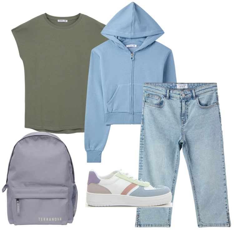 Outfit donna - Total look #2232350. Stile Casual per Scuola/Università. Abbinamento con jeans skinny, t-shirt, zaini, felpe con cappuccio, sneakers.