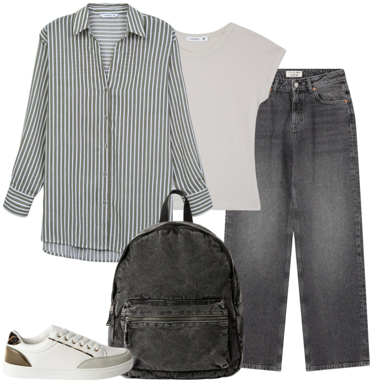 Outfit donna - Minimal. Stile Basic per Scuola/Università. Abbinamento con camicie, jeans, t-shirt, sneakers, zaini.