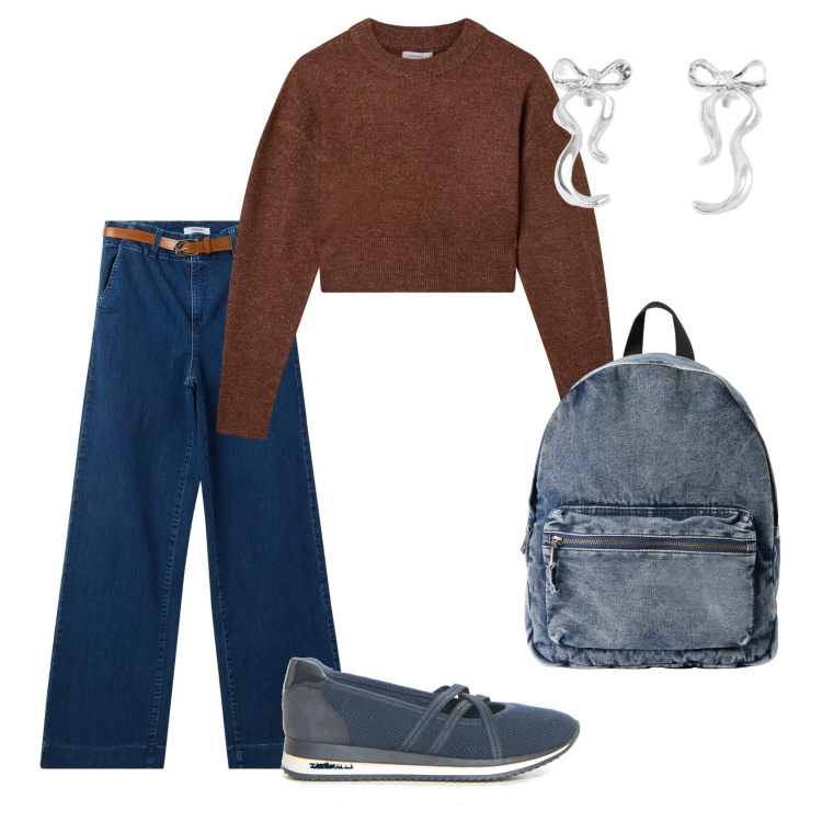 Outfit donna - Total look #2232353. Stile Casual per Scuola/Università. Abbinamento con maglieria, orecchini, zaini, jeans, ballerine.