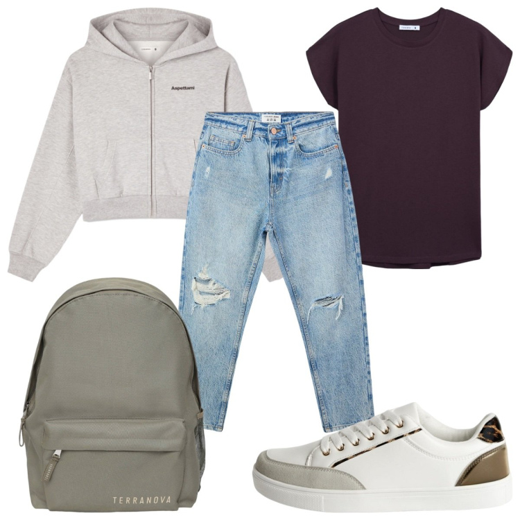 Outfit donna - Terranova back to school: in jeans. Stile Casual per Tutti i giorni. Abbinamento con jeans mom, felpe con cappuccio, sneakers, t-shirt, zaini.