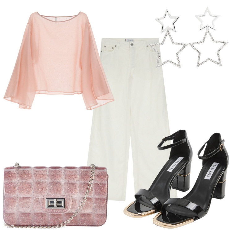 Outfit donna - Mai senza orecchini : a stella. Stile Trendy per Tutti i giorni. Abbinamento con orecchini, sabot, borse a tracolla, pantaloni a palazzo, bluse.
