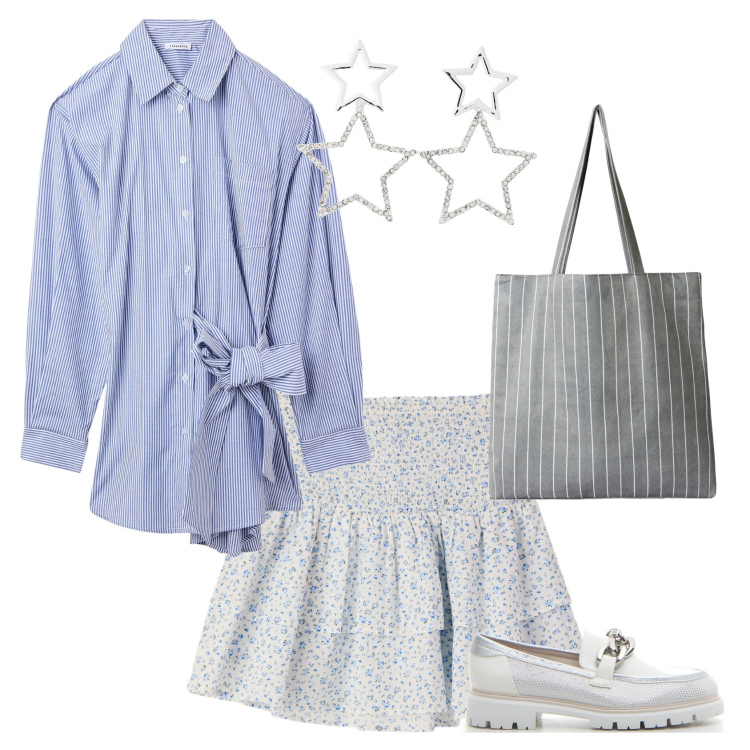 Outfit donna - Total look #2232366. Stile Casual chic per Scuola/Università. Abbinamento con minigonne, orecchini, shopping bag, vestiti chemisier, mocassini.