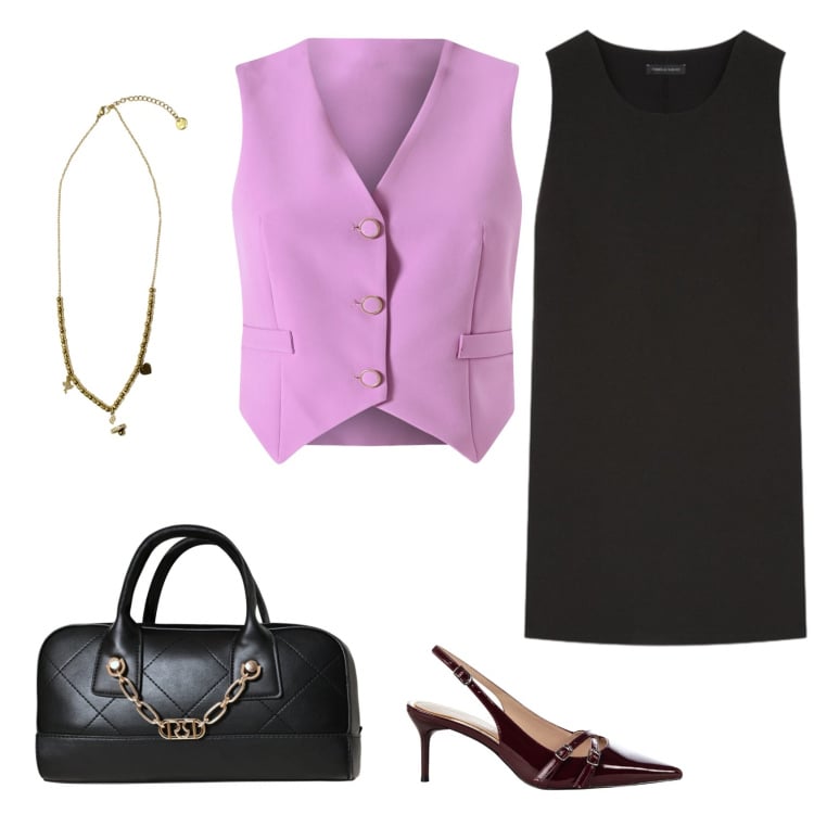 Outfit donna - Total look #2232382. Stile Casual chic per Ufficio. Abbinamento con gilet, décolleté, borse a mano, ciondoli, vestiti corti.