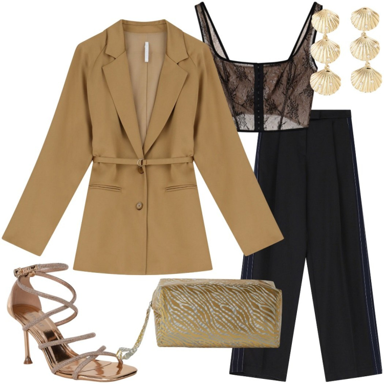 Outfit donna - Mai senza orecchini. Stile Chic per Cerimonia. Abbinamento con sandali col tacco, orecchini, pochette, pantaloni, blazer, top.
