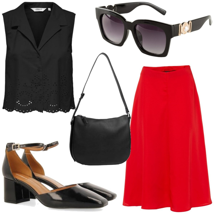 Outfit femme - Invitée à un anniversaire. Style Casual chic pour Soirée dehors. Assortir avec jupes au genou, lunettes de soleil, t-shirts, sacs en bandoulière, chaussures à talon.