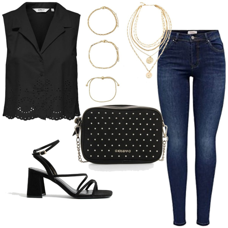 Outfit femme - Soirée entre amis. Style Tendance pour Soirée dehors. Assortir avec colliers, t-shirts, sandales à talon, jeans, sacs besace, bracelets.