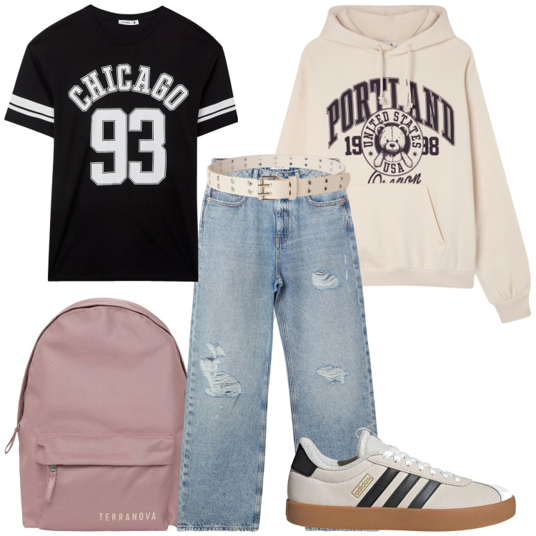 Outfit donna - Rientro a scuola. Stile Casual per Scuola/Università. Abbinamento con jeans strappati, zaini, felpe con cappuccio, cinture, t-shirt, sneakers.