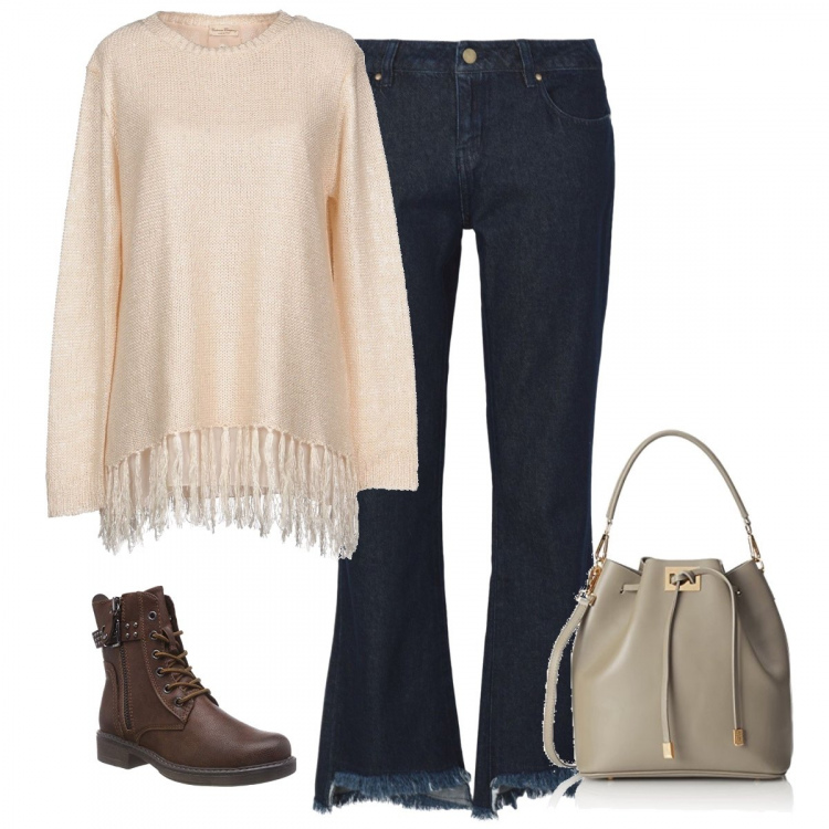 Outfit donna - Anfibi e jeans. Stile Urban per Tutti i giorni. Abbinamento con pullover senza tasche lavorato a maglia collo tondo a maniche lunghe interno foderato in seta tinta unita, jeans wide leg con frange e zip in cotone tinta unita, stivali marrone, borsa a mano tote.