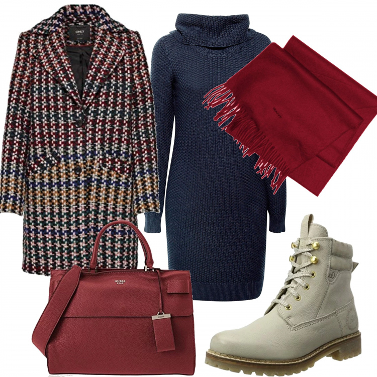 Outfit donna - Trendy #1075. Stile Trendy per Tutti i giorni. Abbinamento con cappotto a quadri, vestito navy, borsa a mano in ecopelle rosso e bordeaux, stivali beige, sciarpa taglia unica rosso.