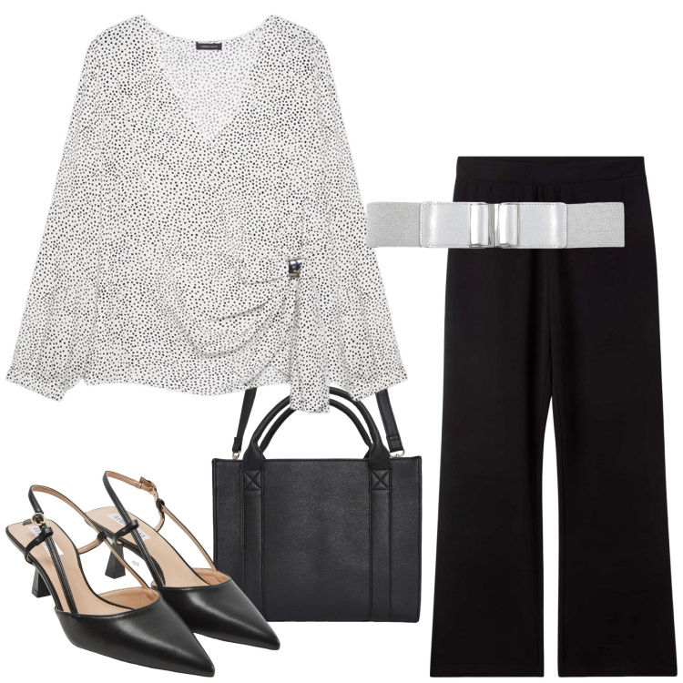Outfit donna - Total look #2232532. Stile Glamour per Ufficio. Abbinamento con pantaloni, borse tote, sabot, cinture, bluse.