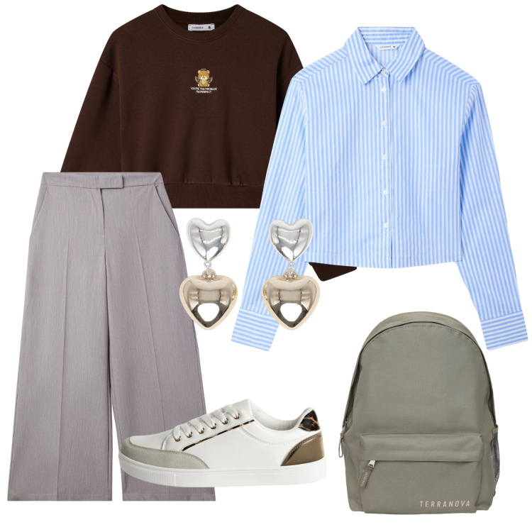 Outfit donna - Back to school. Stile Sporty chic per Scuola/Università. Abbinamento con sneakers, zaini, camicie, pantaloni a palazzo, orecchini, felpe.