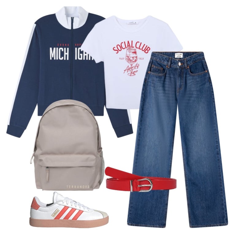 Outfit donna - Total look #2232552. Stile Casual per Scuola/Università. Abbinamento con t-shirt, cinture, zaini, jeans, felpe, sneakers.