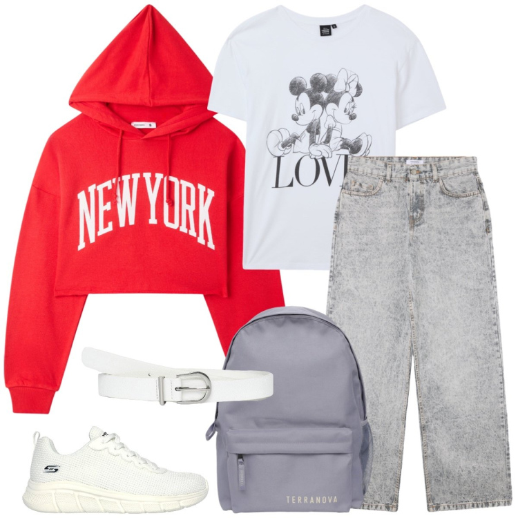 Outfit donna - Total look #2232556. Stile Casual per Scuola/Università. Abbinamento con felpe con cappuccio, t-shirt, jeans boyfriend, zaini, cinture, sneakers.