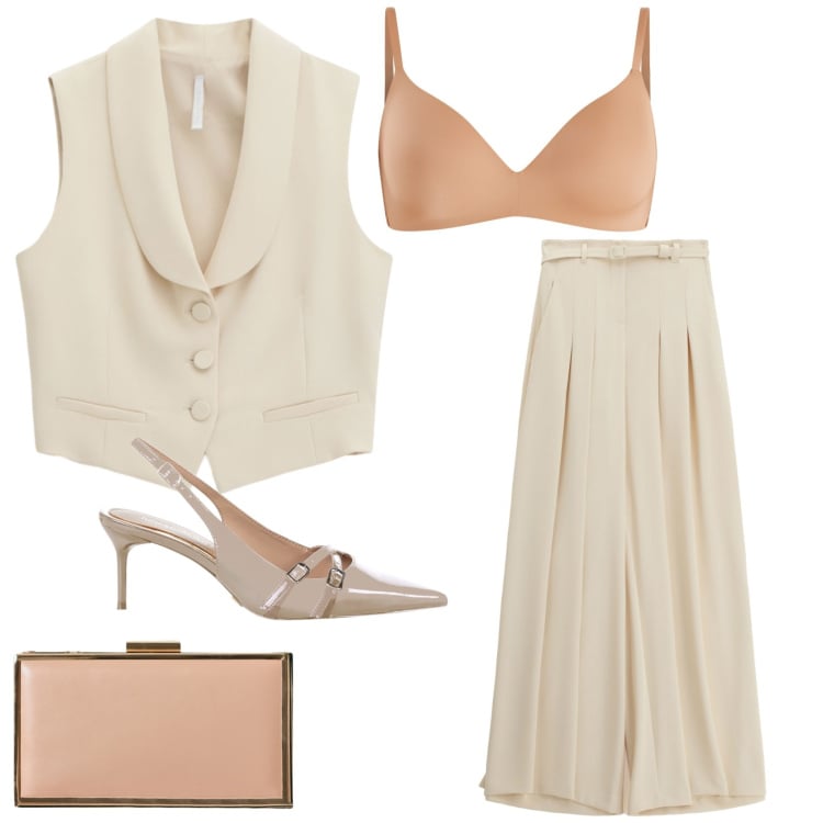 Outfit donna - Pants time. Stile Chic per Cerimonia. Abbinamento con reggiseni a balconcino, décolleté, pochette, pantaloni a palazzo, gilet.