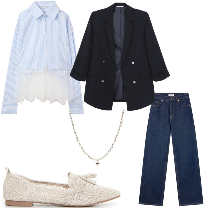 Outfit donna - Back to school: in classe con classe. Stile Romantica per Scuola/Università. Abbinamento con blazer, camicie, jeans, collane, ballerine.