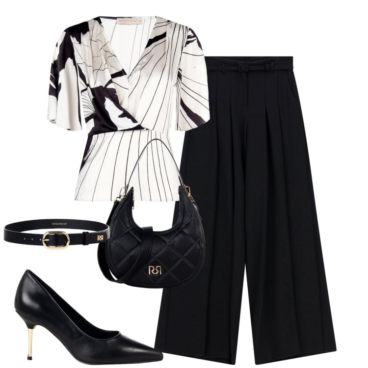 Outfit donna - Serata. Stile Chic per Serata fuori. Abbinamento con bluse, borse a tracolla, décolleté, cinture, pantaloni a palazzo.