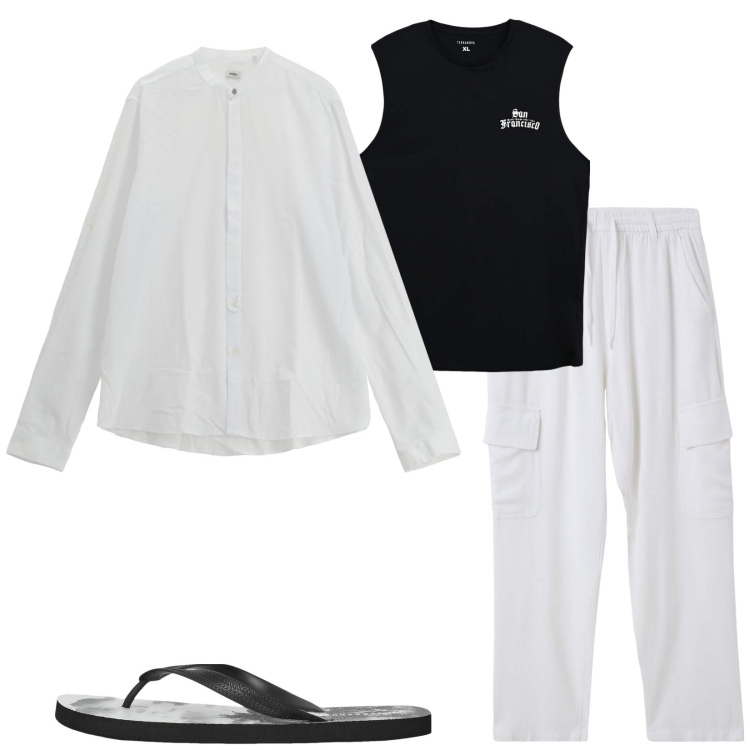 Outfit uomo - Stile fresco e trendy. Stile Trendy per Tutti i giorni. Abbinamento con pantaloni cargo, sandali, canottiere, camicie.
