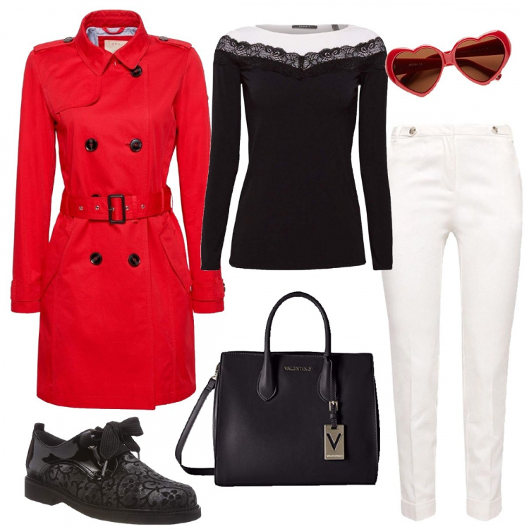 Outfit donna - Il trench rosso. Stile Trendy per Tutti i giorni. Abbinamento con maglia a maniche lunghe nero, giubbotto rosso, mocassini nero, pantalone bianco, occhiali da sole rosso, borsa a mano nero.