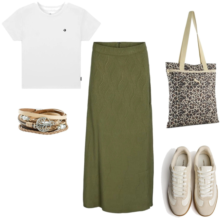 Outfit mujer - Sporty chic #2865. Estilo Sporty chic para Todos los días. Combinación con pulseras, falda longuette, bolso tote, sneakers, camiseta.