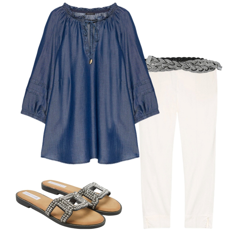 Outfit donna - Fine agosto. Stile Casual chic per Tutti i giorni. Abbinamento con ciabatte, cinture, bluse, pantaloni chino.