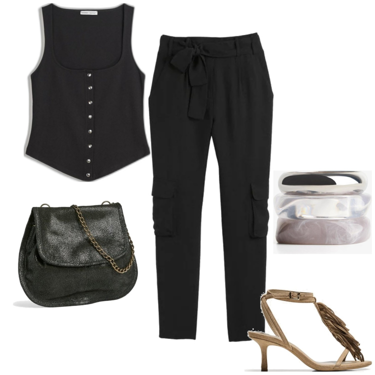 Outfit mujer - Casual chic #14202. Estilo Casual chic para Noche/Fiesta elegante. Combinación con top, pantalones, pulseras, sandalias de tacón, bolsos de mano.