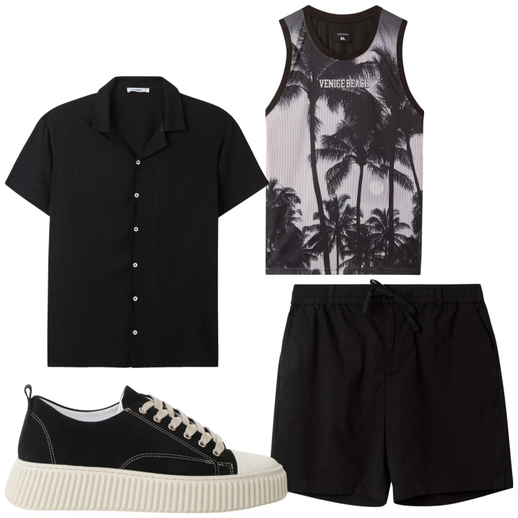 Outfit uomo - Sempre vacanza. Stile Casual per Tutti i giorni. Abbinamento con camicie a manica corta, pantaloni corti, canottiere, sneakers.