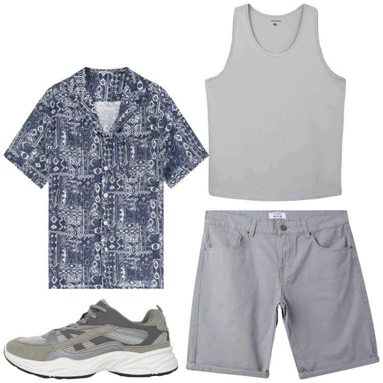 Outfit uomo - Mr.Ok. Stile Casual per Tutti i giorni. Abbinamento con canottiere, sneakers, bermuda, camicie a manica corta.