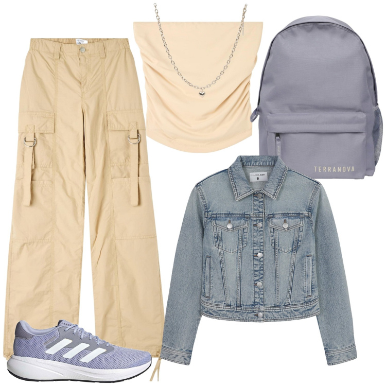 Outfit donna - Back to school in cargo. Stile Casual per Scuola/Università. Abbinamento con pantaloni cargo, collane, top, zaini, blazer, sneakers.