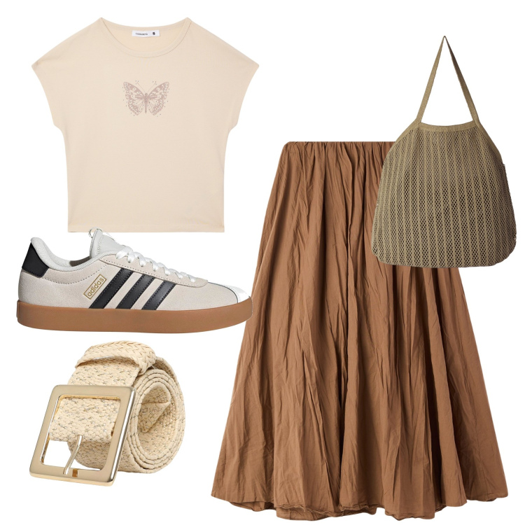 Outfit donna - Total look #2232711. Stile Casual per Scuola/Università. Abbinamento con gonne lunghe, t-shirt, borse tote, cinture, sneakers.