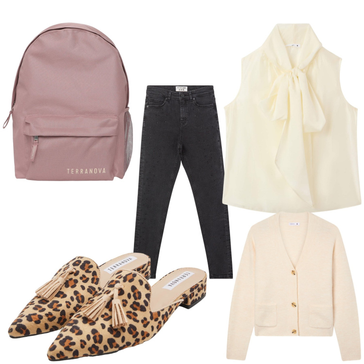Outfit donna - A scuola. Stile Casual chic per Scuola/Università. Abbinamento con bluse, cardigans, jeans skinny, sabot, zaini.