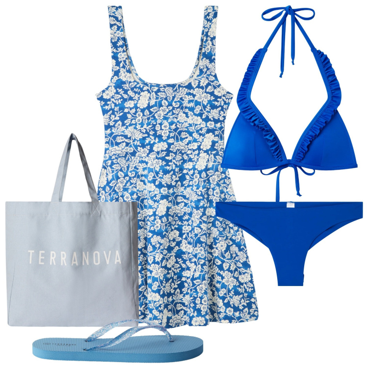 Outfit donna - Panarea. Stile Romantica per Mare. Abbinamento con bikini, vestiti corti, infradito, bikini, borse tote.