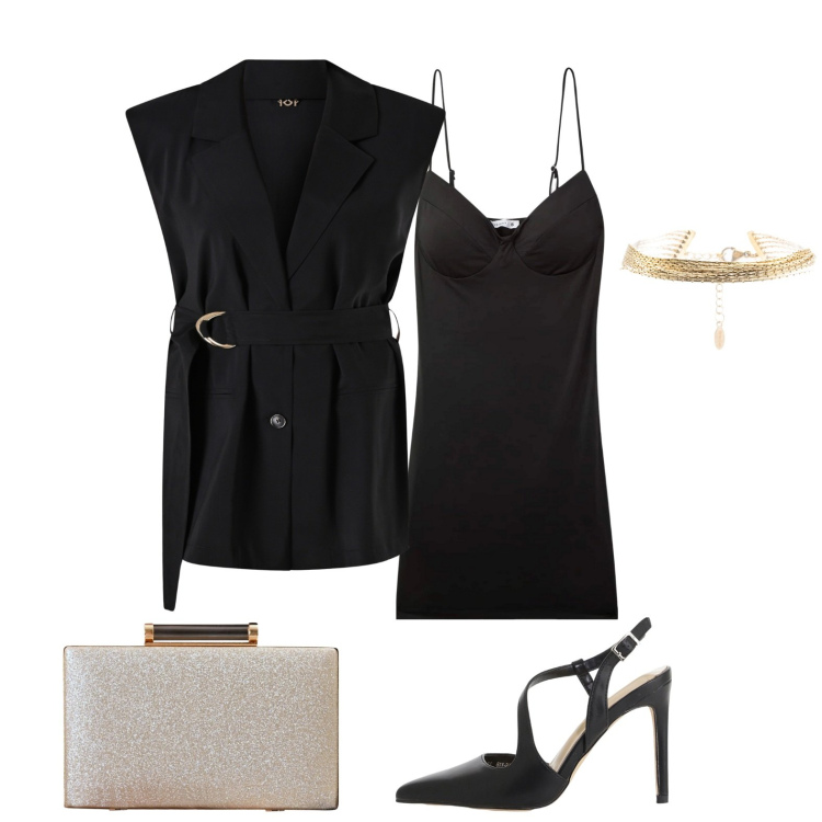 Outfit donna - Gilet e abito super chic. Stile Sexy per Serata fuori. Abbinamento con vestiti corti, clutch, gilet, décolleté, braccialetti.