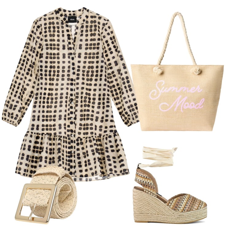 Outfit donna - Total look #2232758. Stile Casual per Tutti i giorni. Abbinamento con borse tote, cinture, vestiti corti, zeppe.