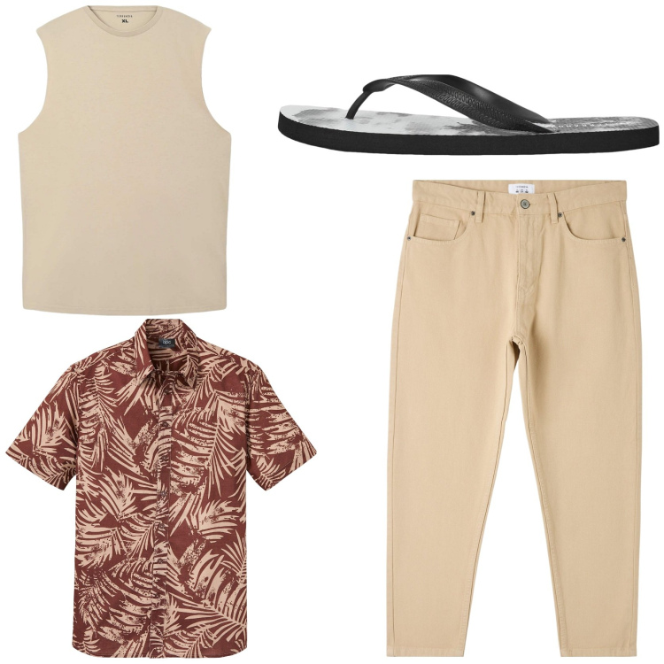 Outfit uomo - Vacanze in città. Stile Casual per Tutti i giorni. Abbinamento con pantaloni, canottiere, sandali, camicie a manica corta.