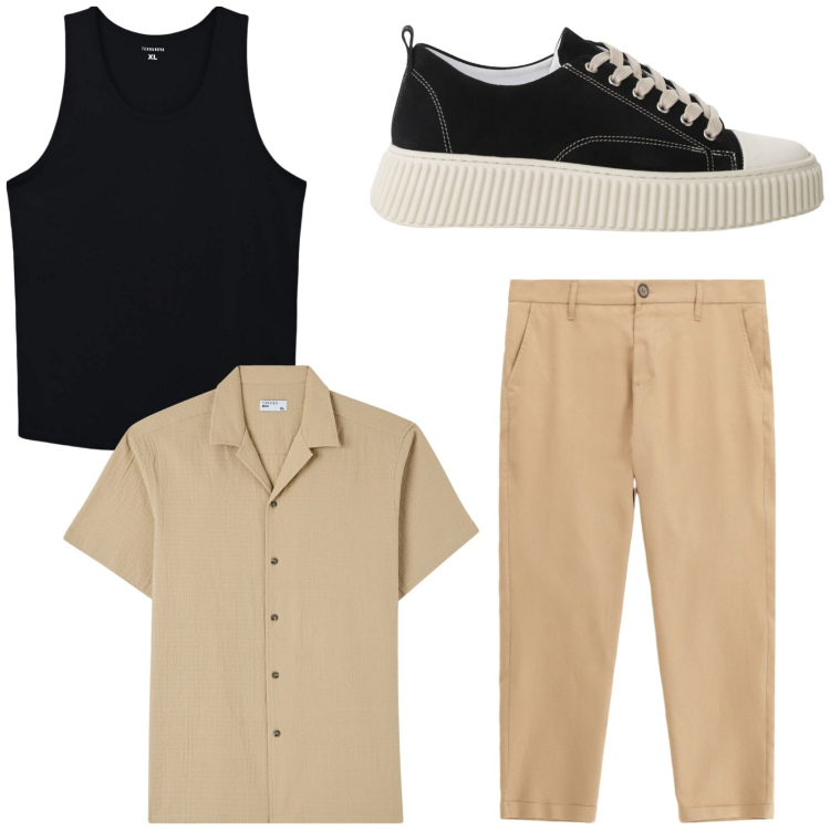 Outfit uomo - Urban. Stile Casual per Tutti i giorni. Abbinamento con camicie a manica corta, canottiere, sneakers, pantaloni.
