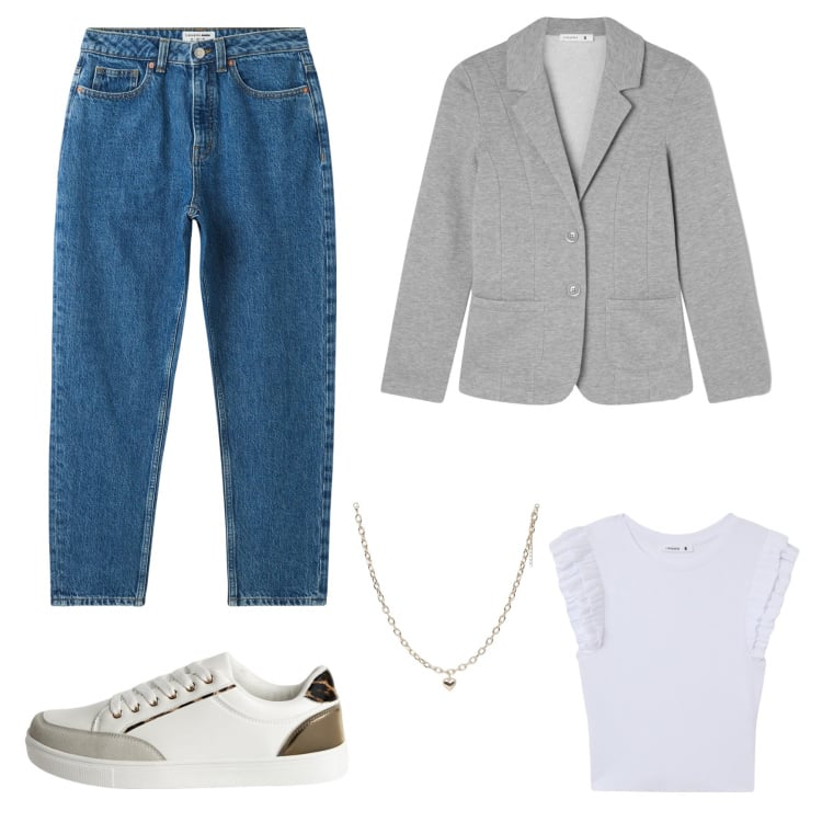 Outfit donna - Ritorno a scuola. Stile Casual per Scuola/Università. Abbinamento con blazer, jeans mom, t-shirt, sneakers, collane.