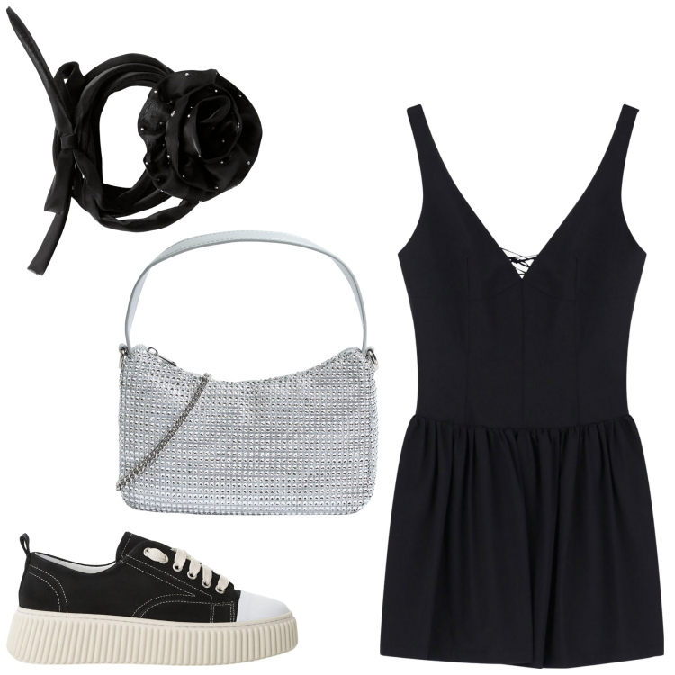 Outfit donna - Bye bye vacanze. Stile Sporty chic per Serata fuori. Abbinamento con borse a tracolla, collane, sneakers, vestiti corti.